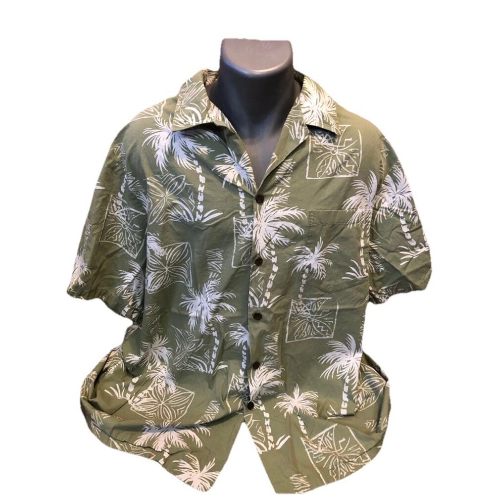 Vtg Kalaheo Hawaiian Button Up Shirt‎ 100% Cotton Army Green White USA Men’s 2XL